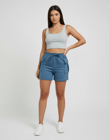Shorts Cargo Moletom Feminino Com Bolso Lateral Moletinho