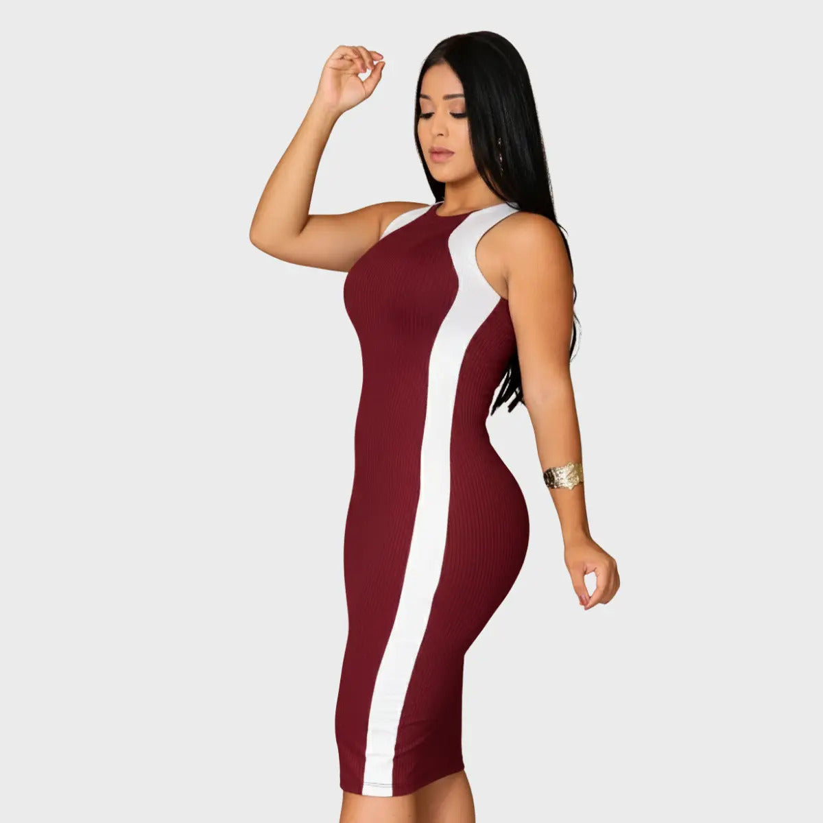 Vestido Canelado Midi Faixas Regata Casual Básico Modelador
