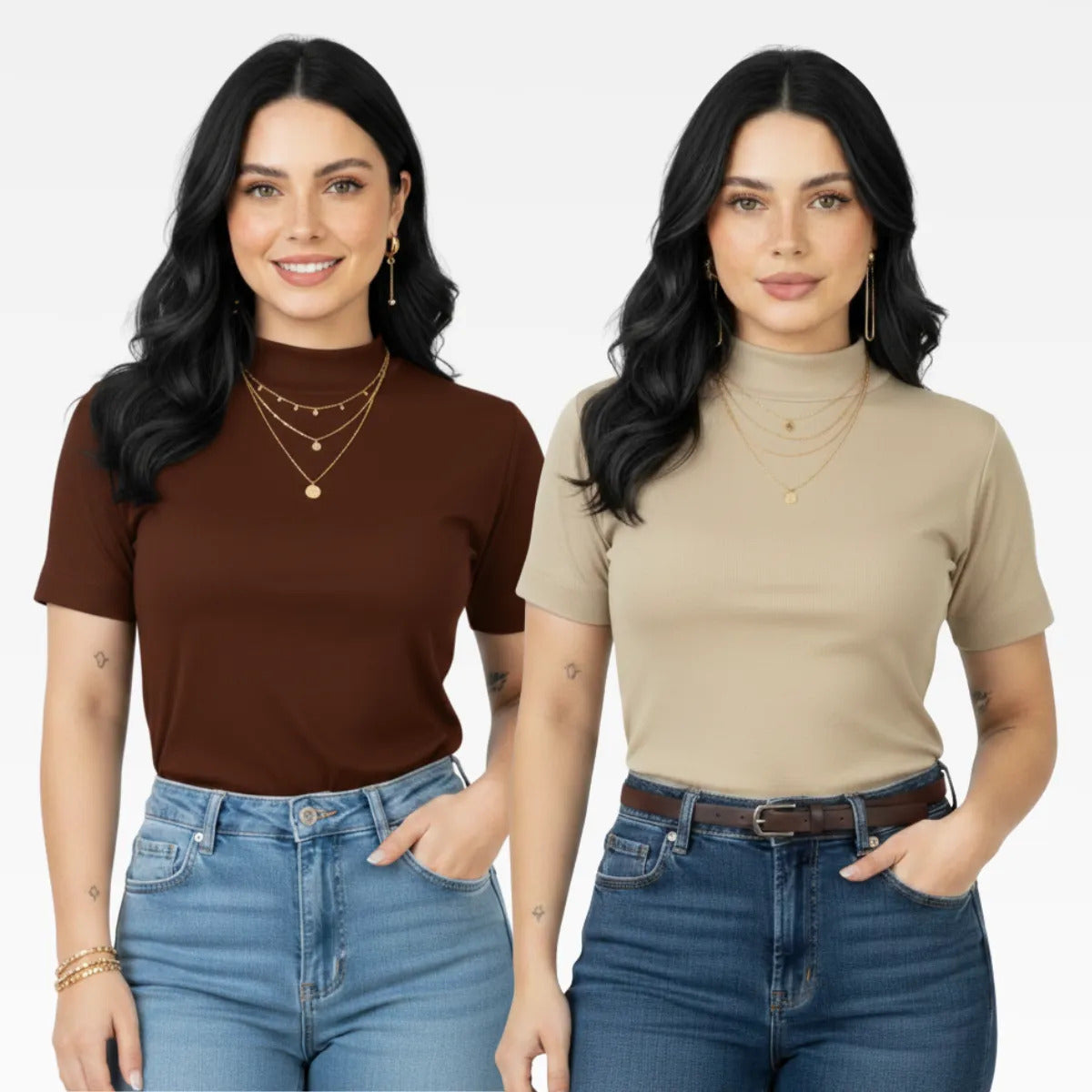 Kit 2 Blusas Camiseta Feminina T Shirt Gola Alta Inverno