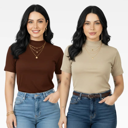 Kit 2 Blusas Camiseta Feminina T Shirt Gola Alta Inverno