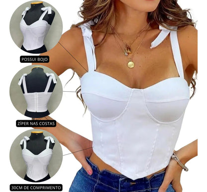 Croped Bengaline Corselet Corset Alcinha De Amarrar Com Bojo