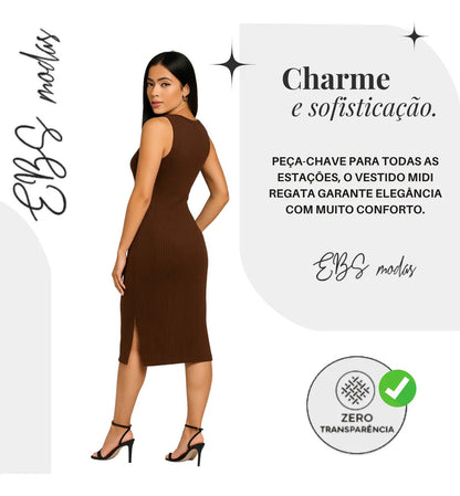 Vestido Canelado Midi Regata Com Fenda Zero Transparência