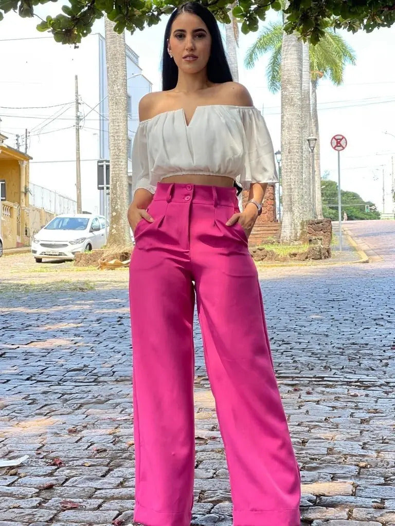 Calça Pantalona Alfaiataria Wide Leg Social Cintura Alta