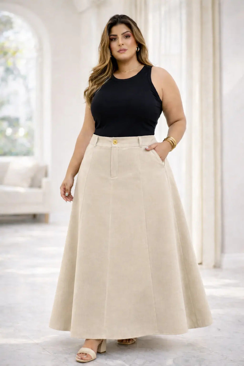 Saia Alfaiataria Plus Size Rodada Evasê Cós Alto Evangélica