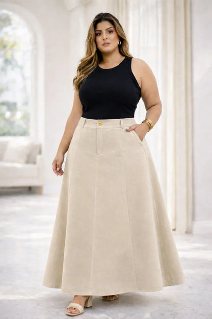 Saia Alfaiataria Plus Size Rodada Evasê Cós Alto Evangélica