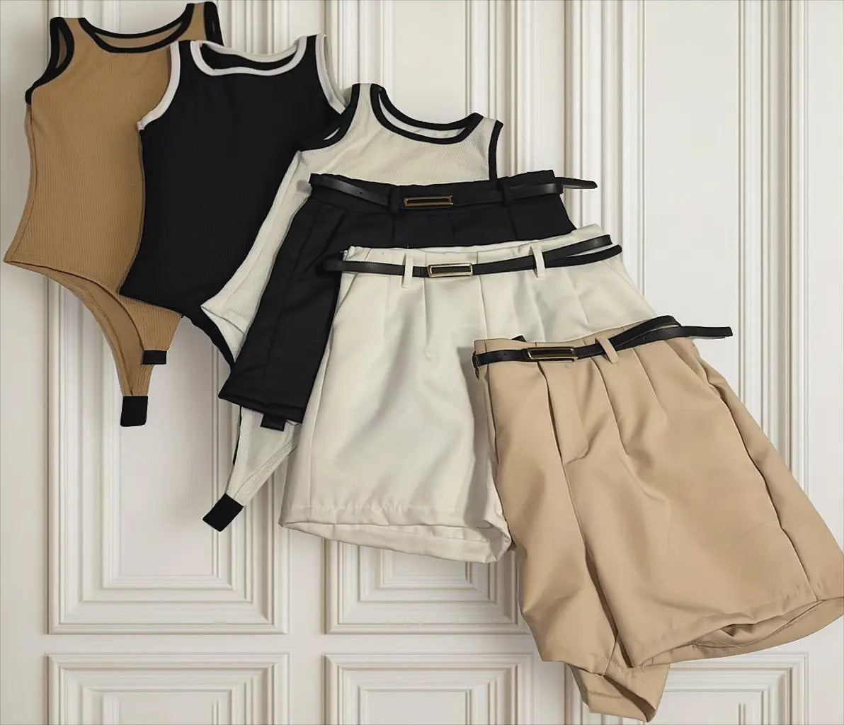 Kit 3 Shorts Alfaiataria 3 Body Canelado Preto Bege Branco