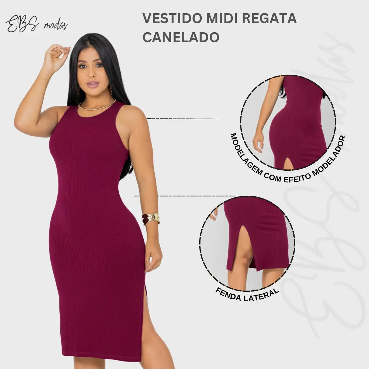Vestido Canelado Midi Regata Com Fenda Zero Transparência