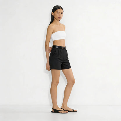 Short Alfaiataria Feminino Social Cintura Alta Cinto Bolso