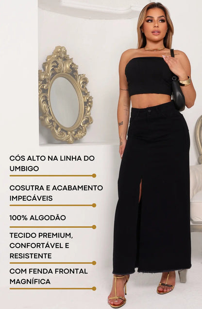 Saia Midi Longa Feminina Cintura Alta Com Fenda Sarja Grossa