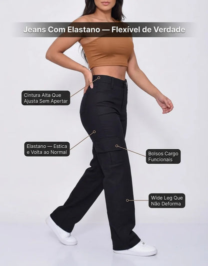 Calça Cargo Feminina Wide Leg Cintura Alta Jeans  Stillger