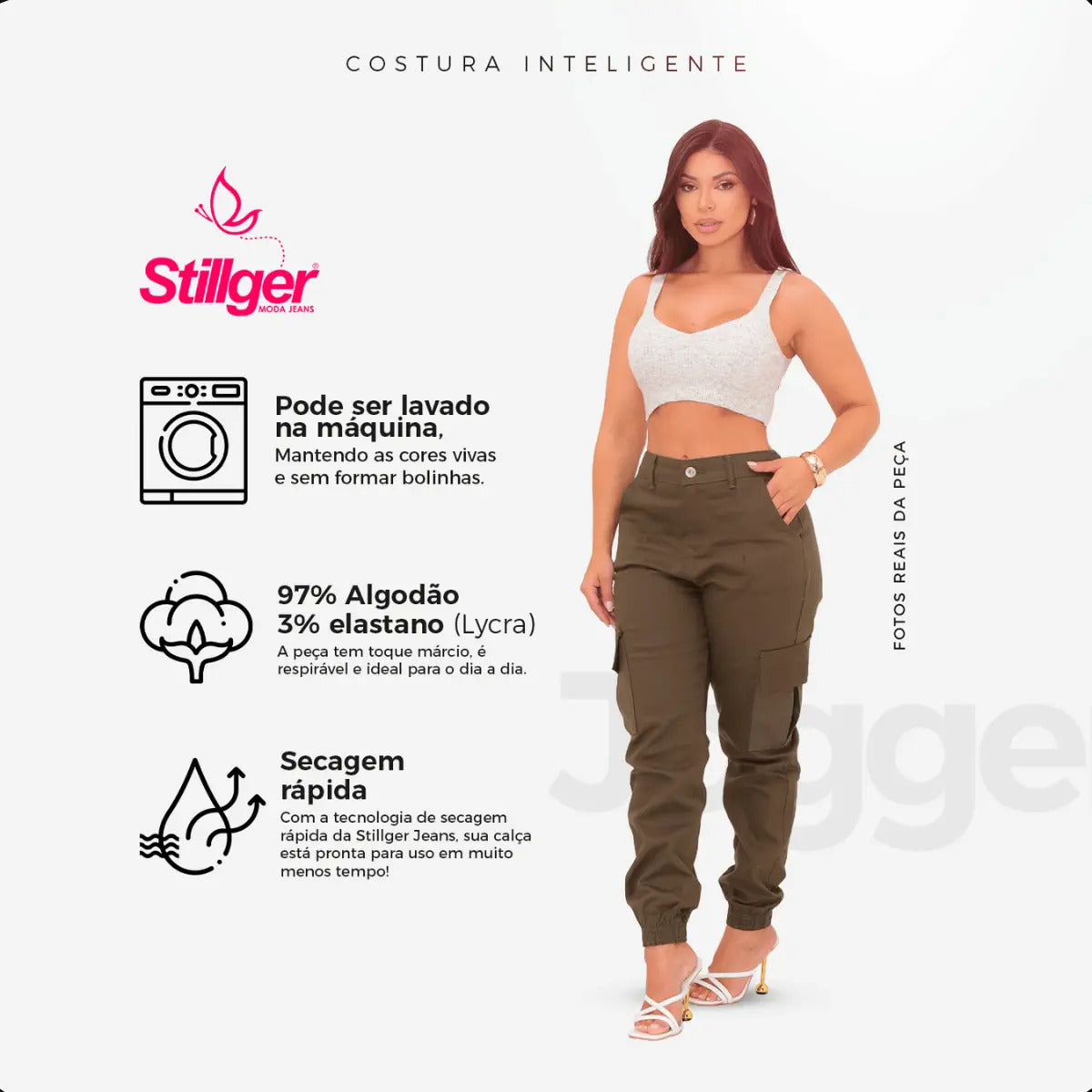 Calça Cargo Jogger Jeans Feminina Cintura Alta Com Lycra