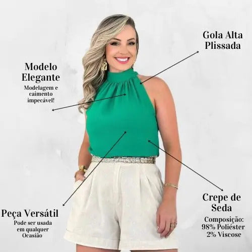 Blusa Feminina Regata Gola Alta Plissada Elegante