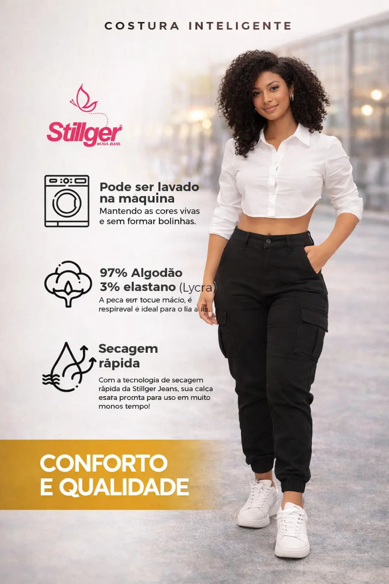 Calça Cargo Jogger Jeans Feminina Cintura Alta Com Lycra