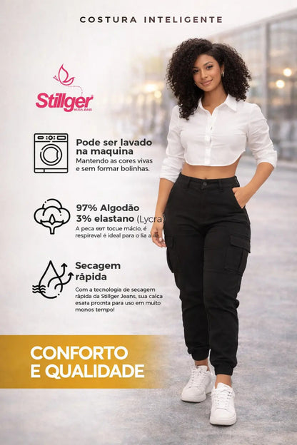 Calça Cargo Jogger Jeans Feminina Cintura Alta Com Lycra