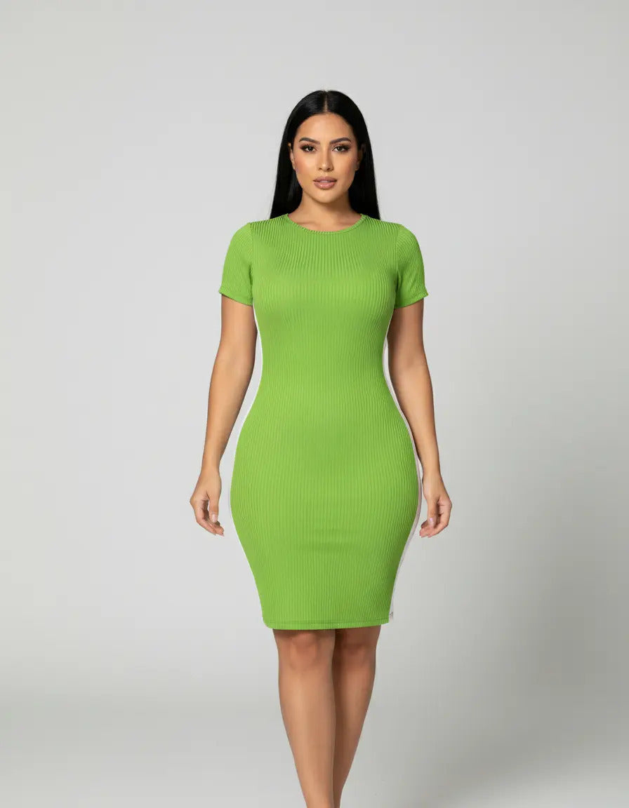 Vestido Canelado Curto Com Manga Casual Básico Modelador