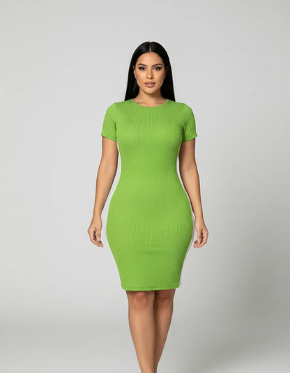 Vestido Canelado Curto Com Manga Casual Básico Modelador