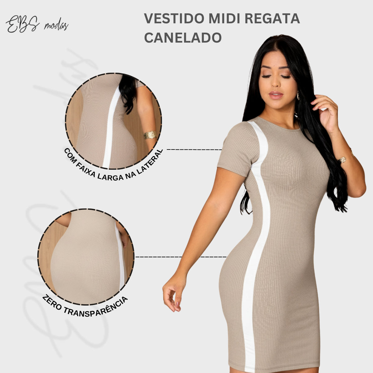 Vestido Canelado Curto Com Manga Casual Básico Modelador