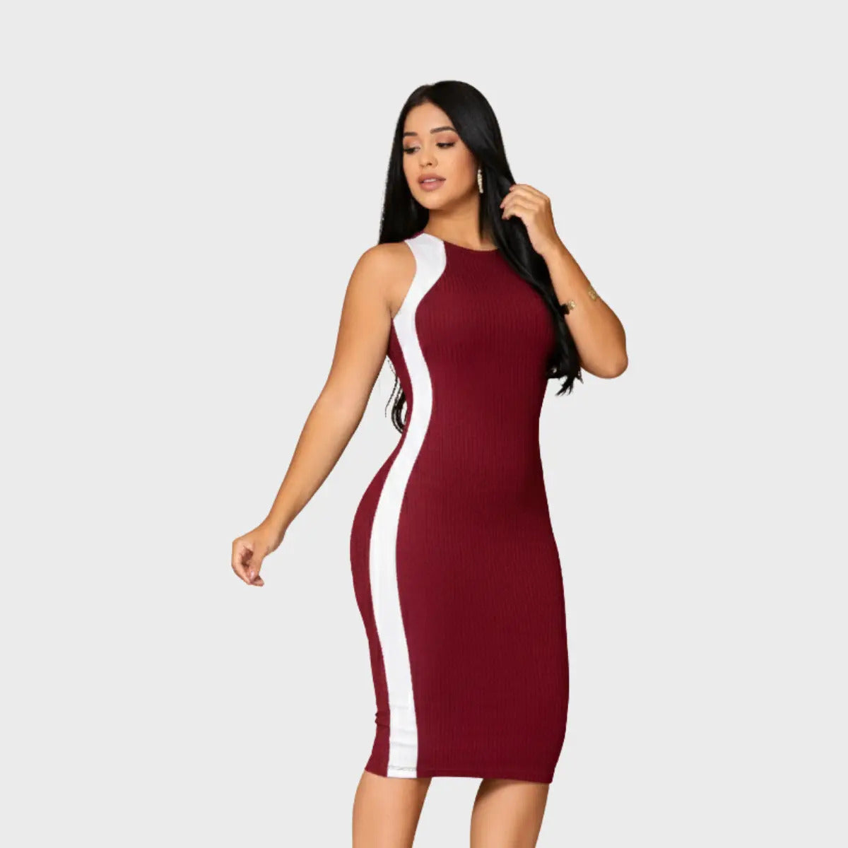 Vestido Canelado Midi Faixas Regata Casual Básico Modelador