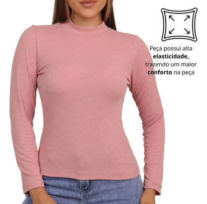Blusa Feminina Canelada Gola Alta Manga Comprida Cacharrel