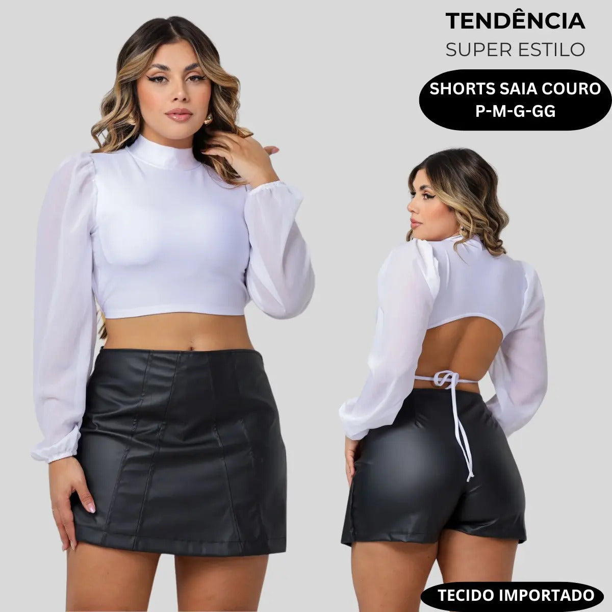 Short Saia Feminino Couro Fake Alta Moda Gringa Blogueira
