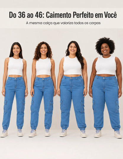 Calça Cargo Jogger Jeans Feminina Cintura Alta Com Lycra