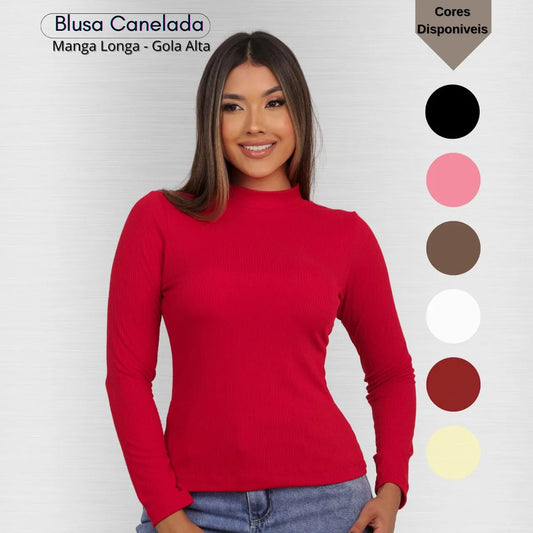Blusa Feminina Canelada Gola Alta Manga Comprida Cacharrel