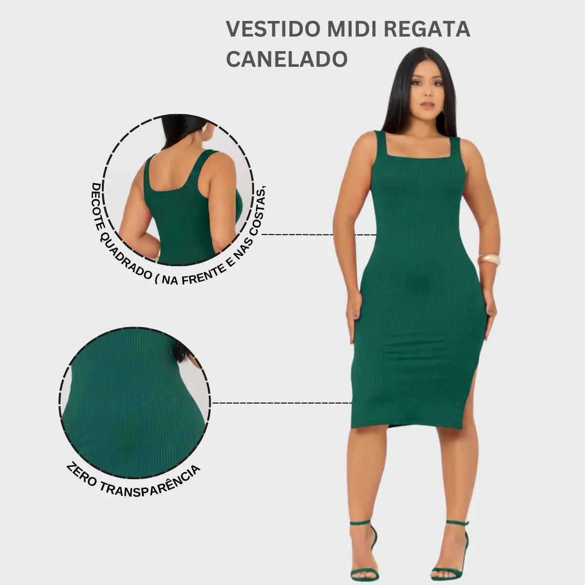 Vestido Midi Canelado Premium Com Alça E Fendas Casual Básico