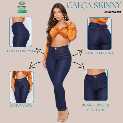 Calça Preta Jeans Feminina Com Elastano Cintura Alta Skinny