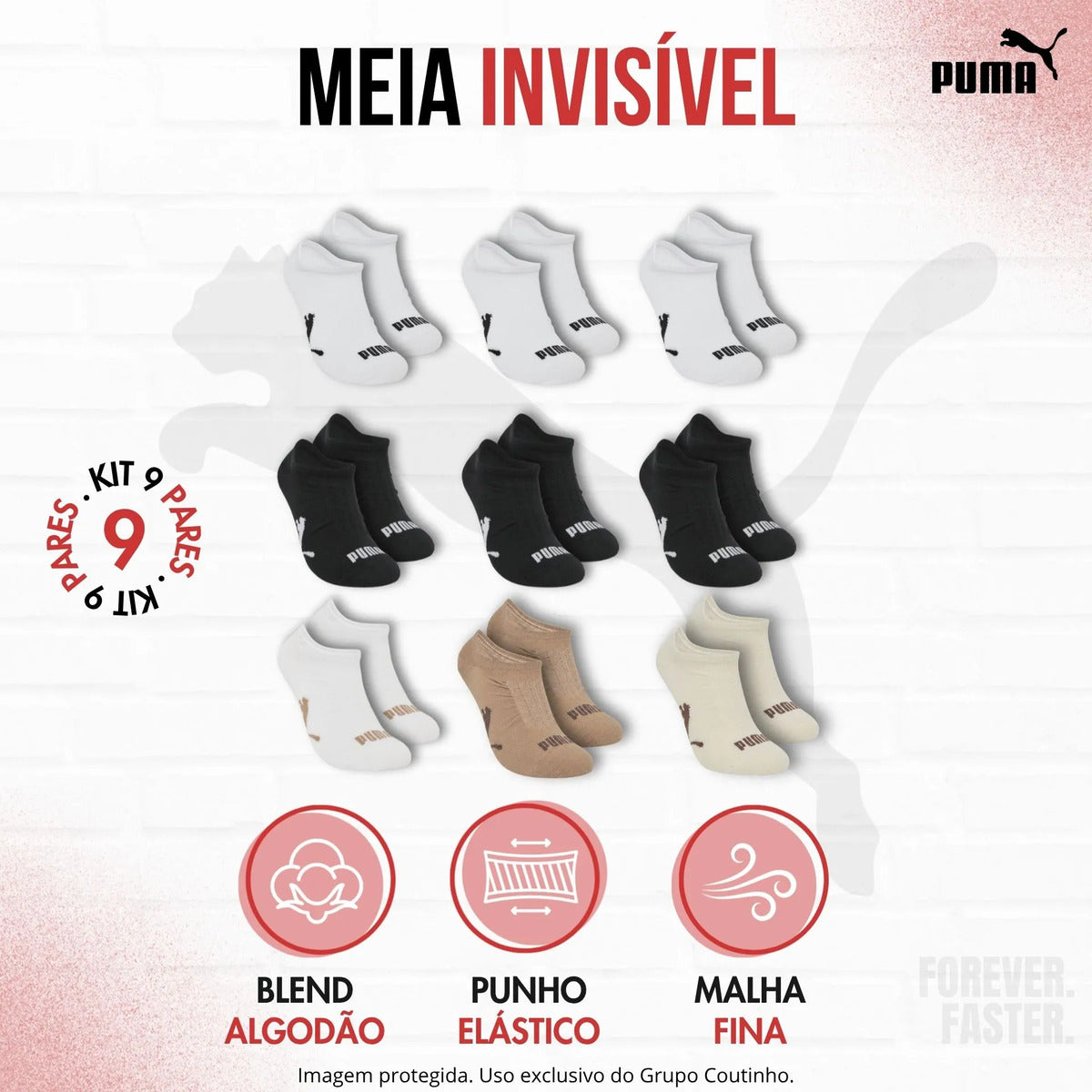 Kit 9 Pares Meias Invisível Puma Sapatilha Soquete Original
