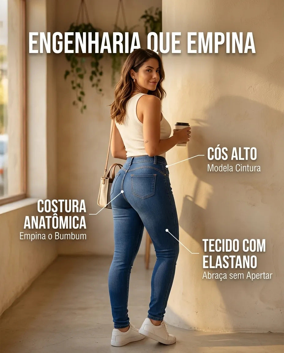Calça Feminina Jeans Cintura Alta Skinny Levanta Bumbum