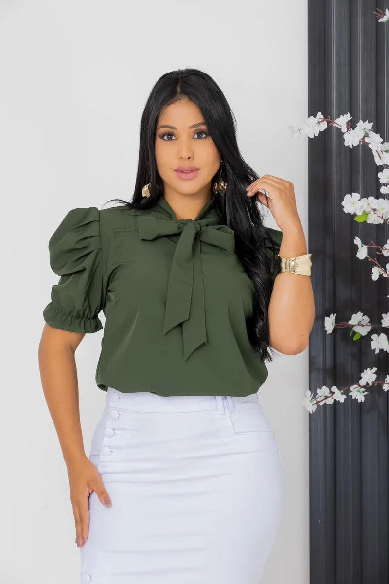 Blusa Emily Gola Laço Manga Curta Bufante