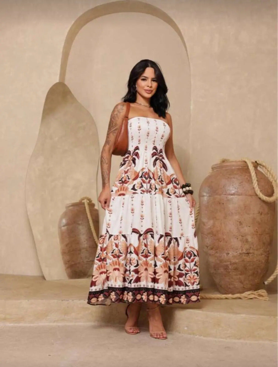Lightweight Elastic Floral Strapless Long Dress Summer Fashion