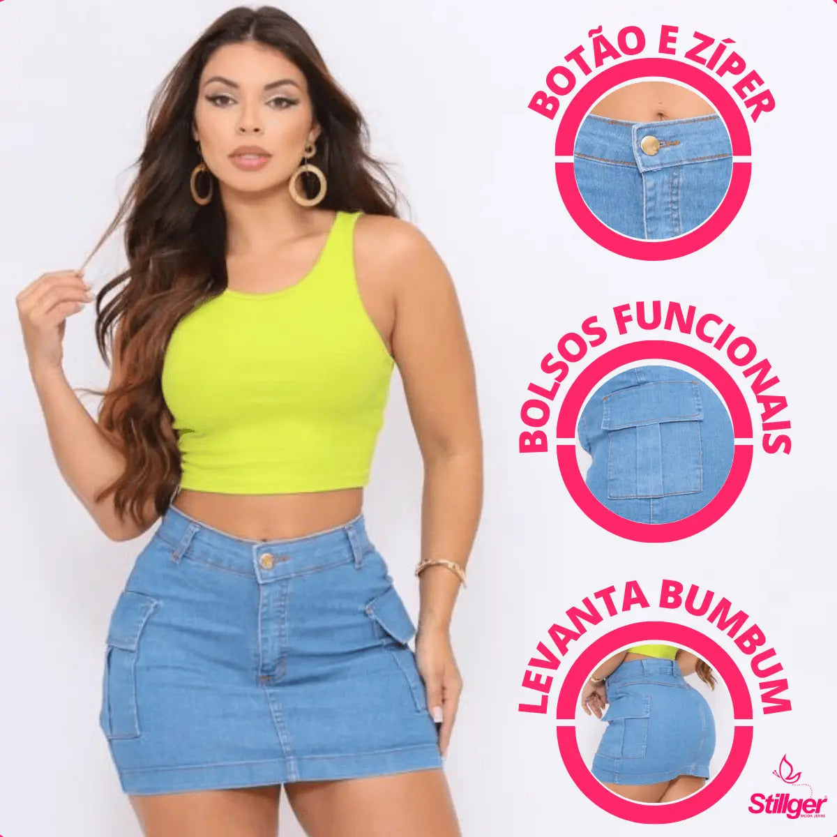 Saia Cargo Feminina Cintura Alta Com Lycra Levanta Bumbum