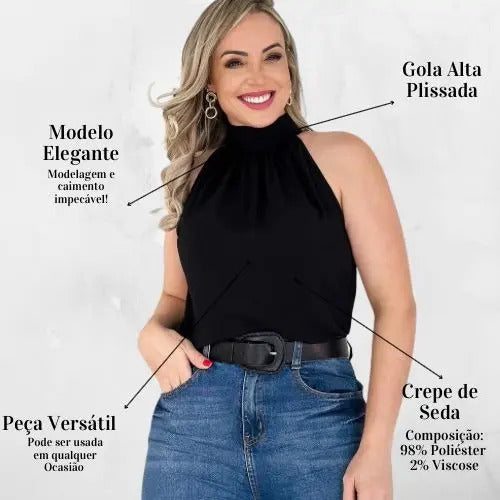 Blusa Feminina Regata Gola Alta Plissada Elegante