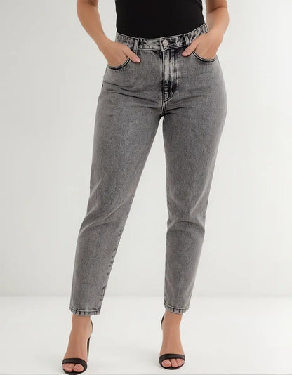 Calça Mom Jeans Feminina Cintura Alta Marmorizada
