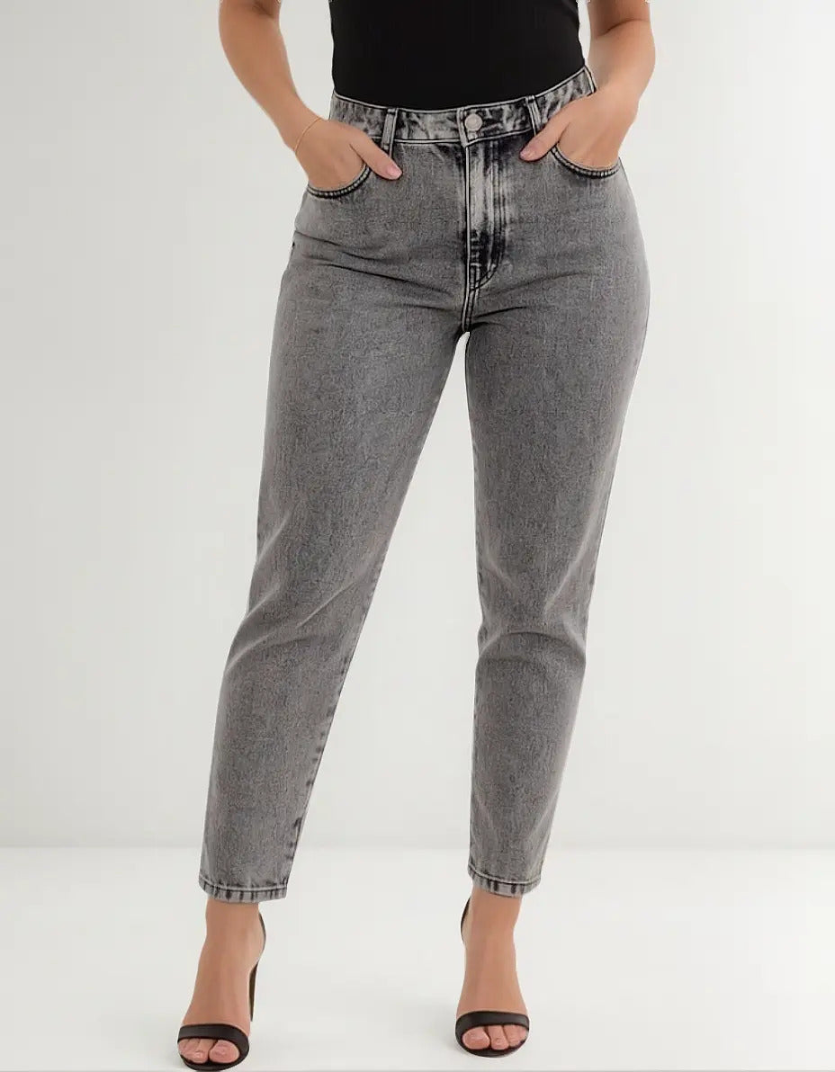 Calça Mom Jeans Feminina Cintura Alta Marmorizada