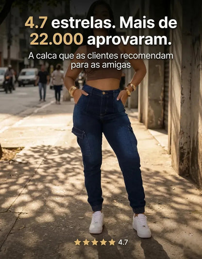 Calça Cargo Jogger Jeans Feminina Cintura Alta Com Lycra