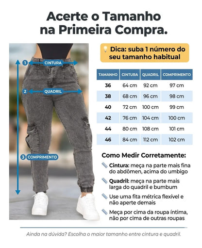 Calça Cargo Jogger Jeans Feminina Cintura Alta Com Lycra