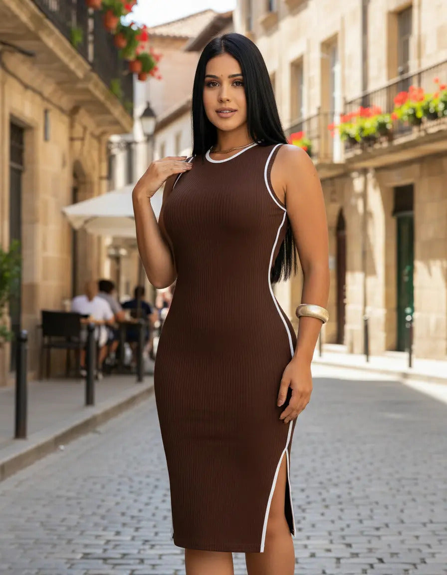 Vestido Midi Canelado Premium Regata Casual Básico Modelador