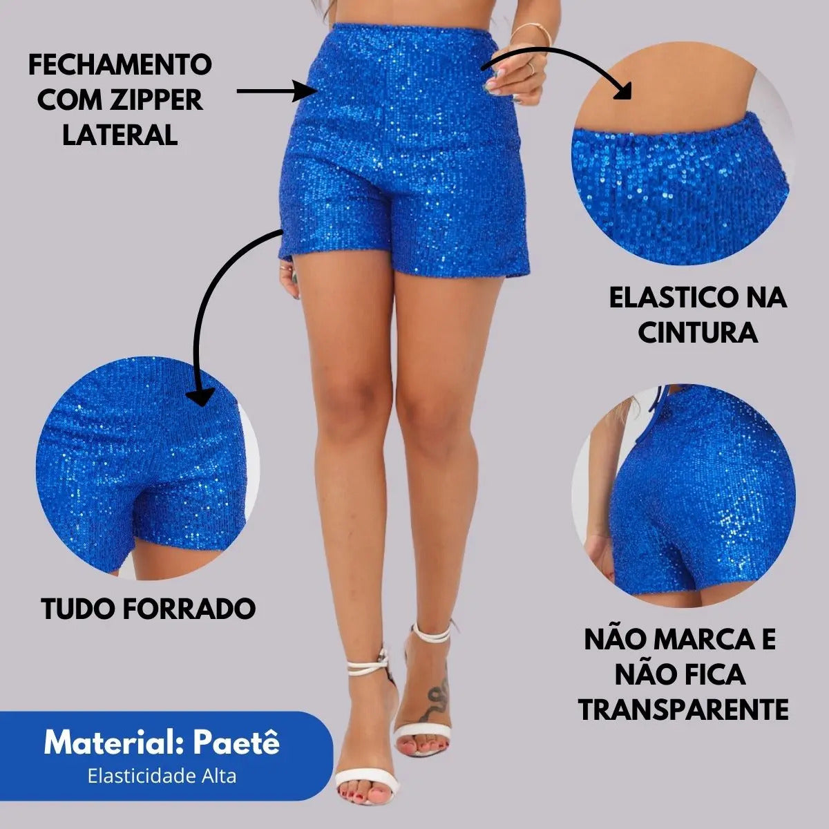Short Bermuda Feminino Cintura Alta Paetê Balada Moda Brilho