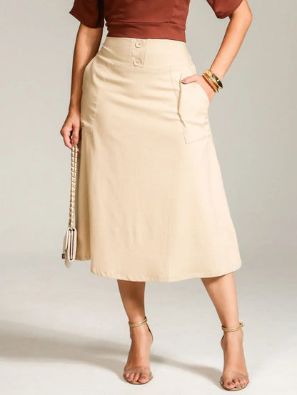 Saia Midi De Linho Elegante Com Botões Encapados