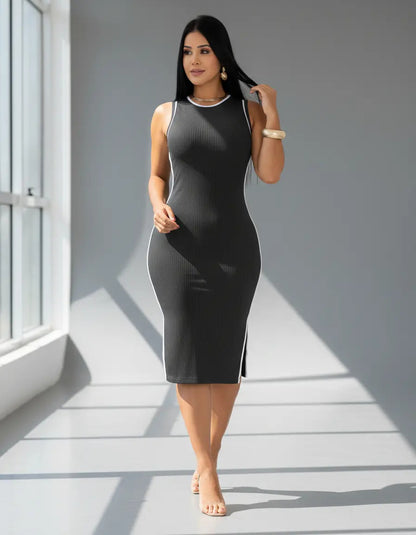 Vestido Midi Canelado Premium Regata Casual Básico Modelador