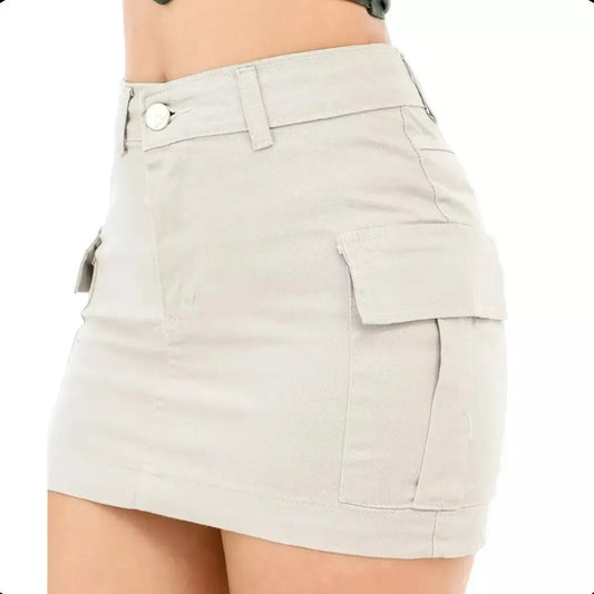 Saia Cargo Feminina Mini Jeans Algodão C/ Lycra