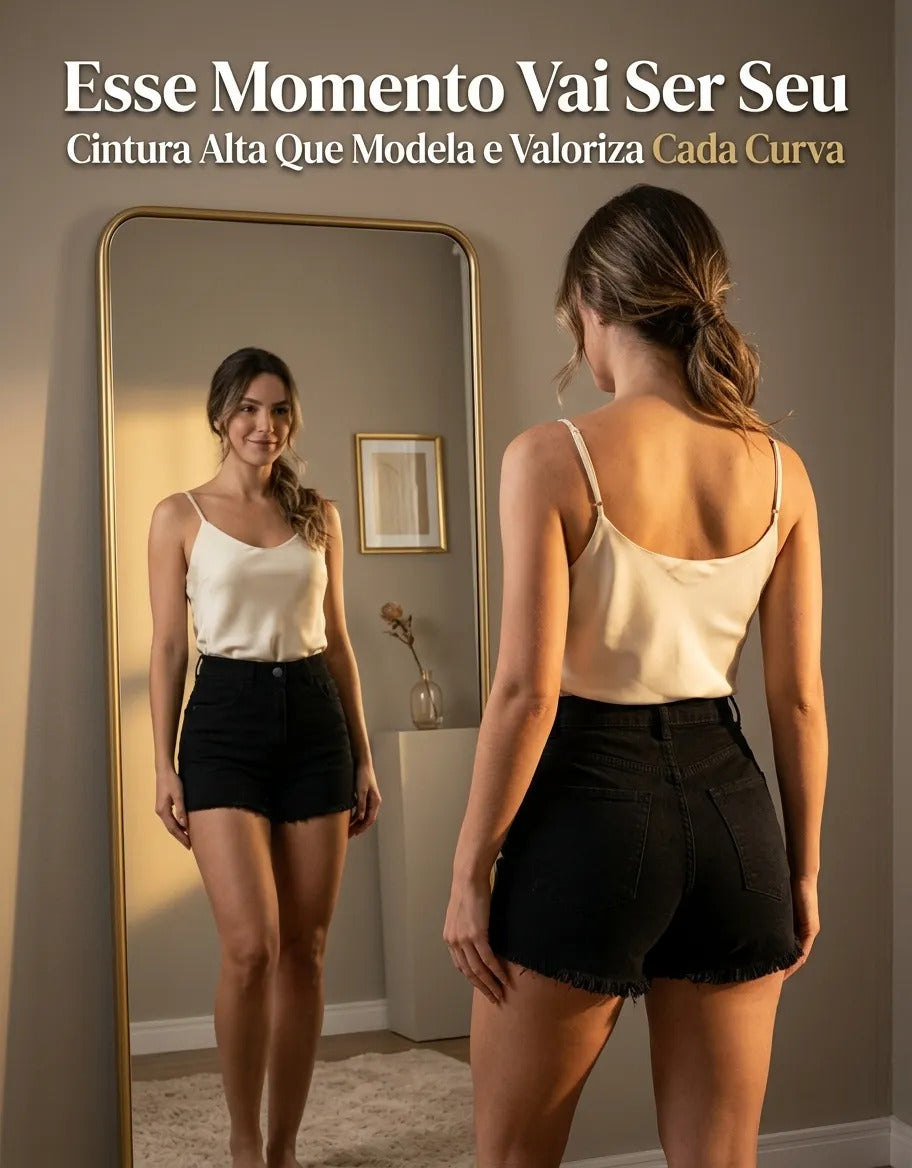 Short Jeans Feminino Cintura Alta Com Lycra Barra Desfiada