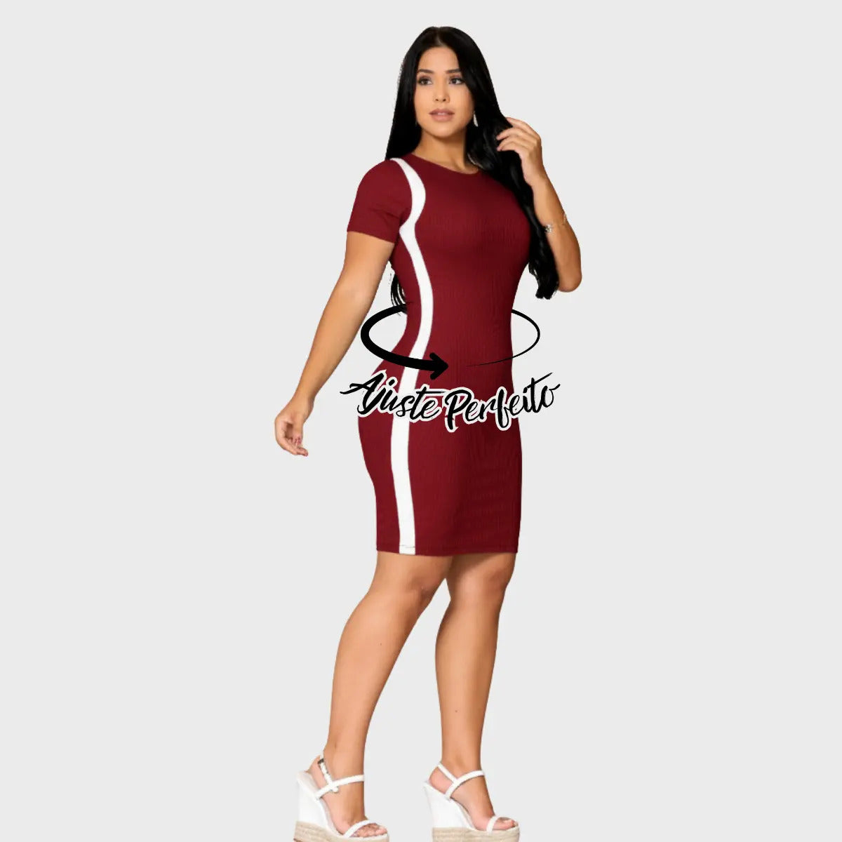 Vestido Canelado Curto Com Manga Casual Básico Modelador