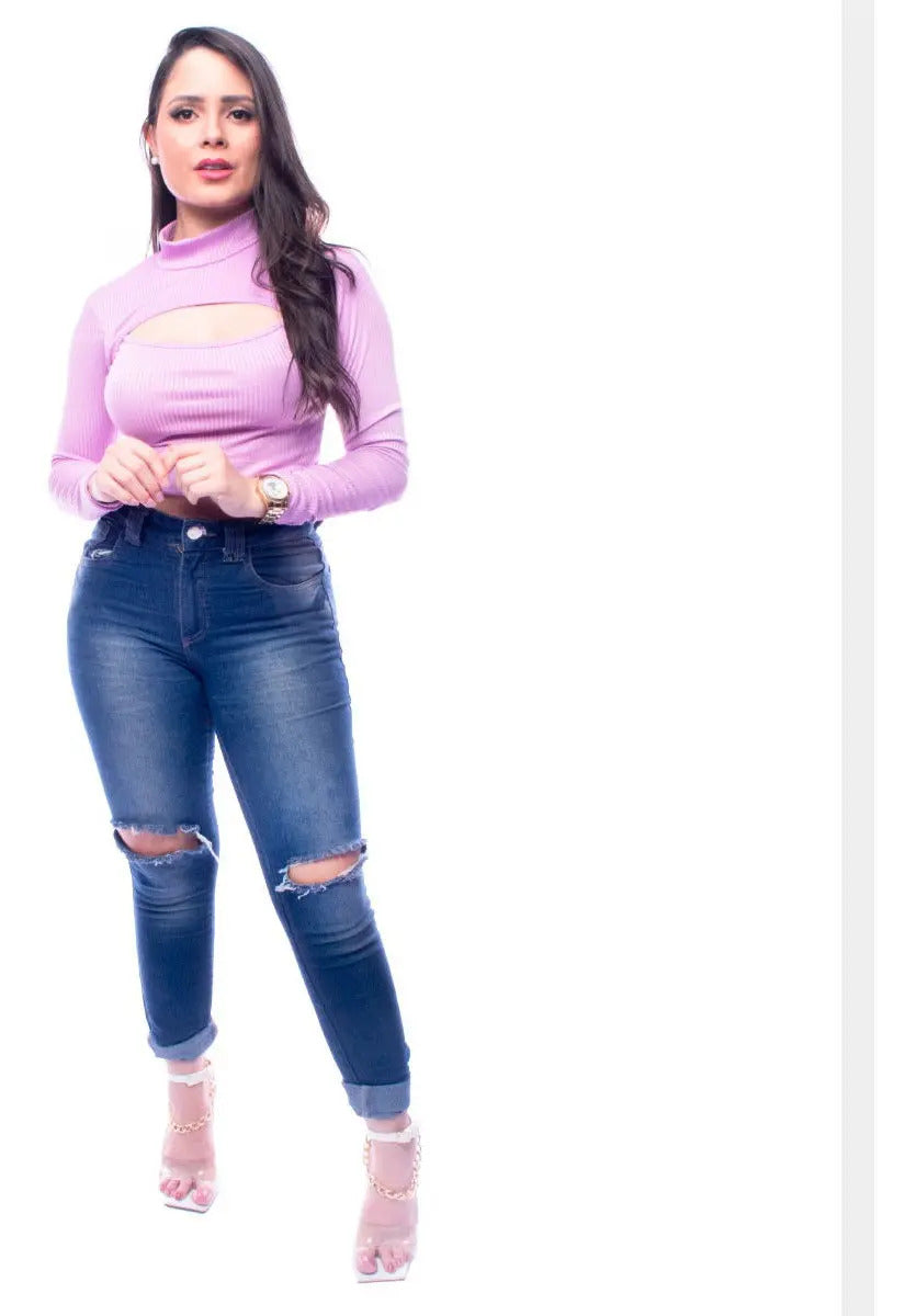 Cropped Gringa Manga Longa Blusinha Blogueira Gola Alta