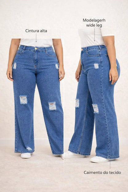 Calça Plus Size Jeans Feminina Wide Leg Levanta Bumbum