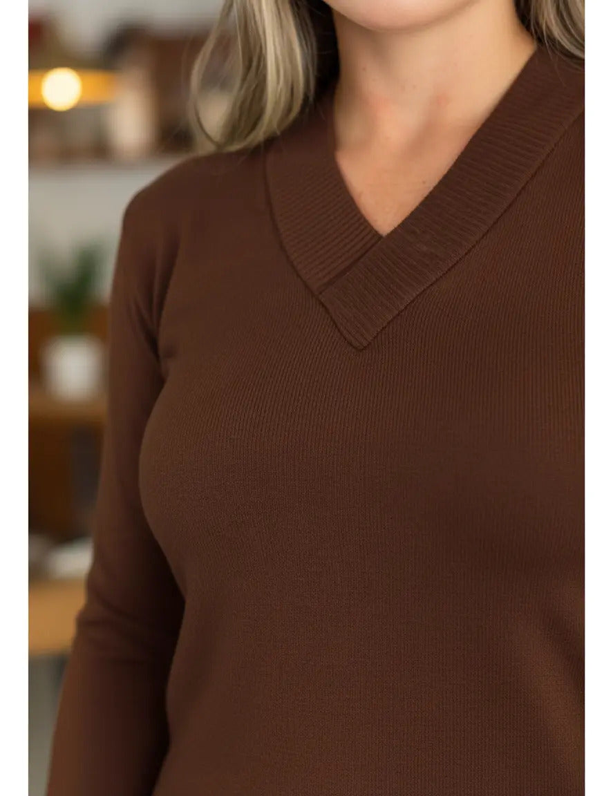 Blusa Trico Basica De Frio Feminina Decote V Manga Longa