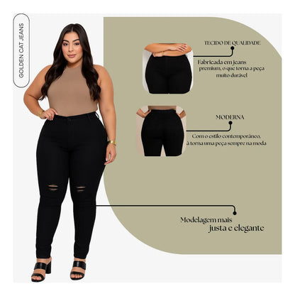 Calça Jeans Plus Size Cintura Alta Elastano Lycra Modeladora