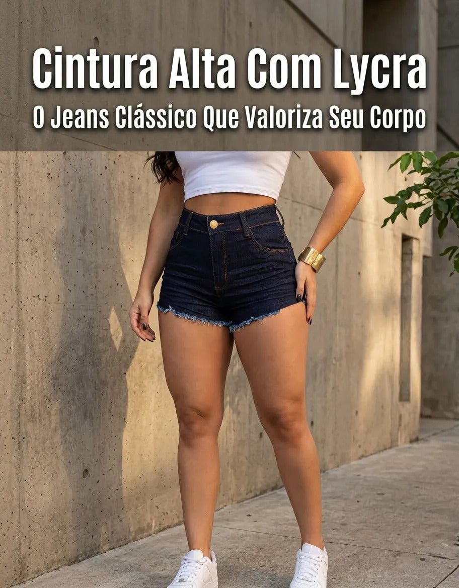 Short Jeans Feminino Cintura Alta Com Lycra Barra Desfiada